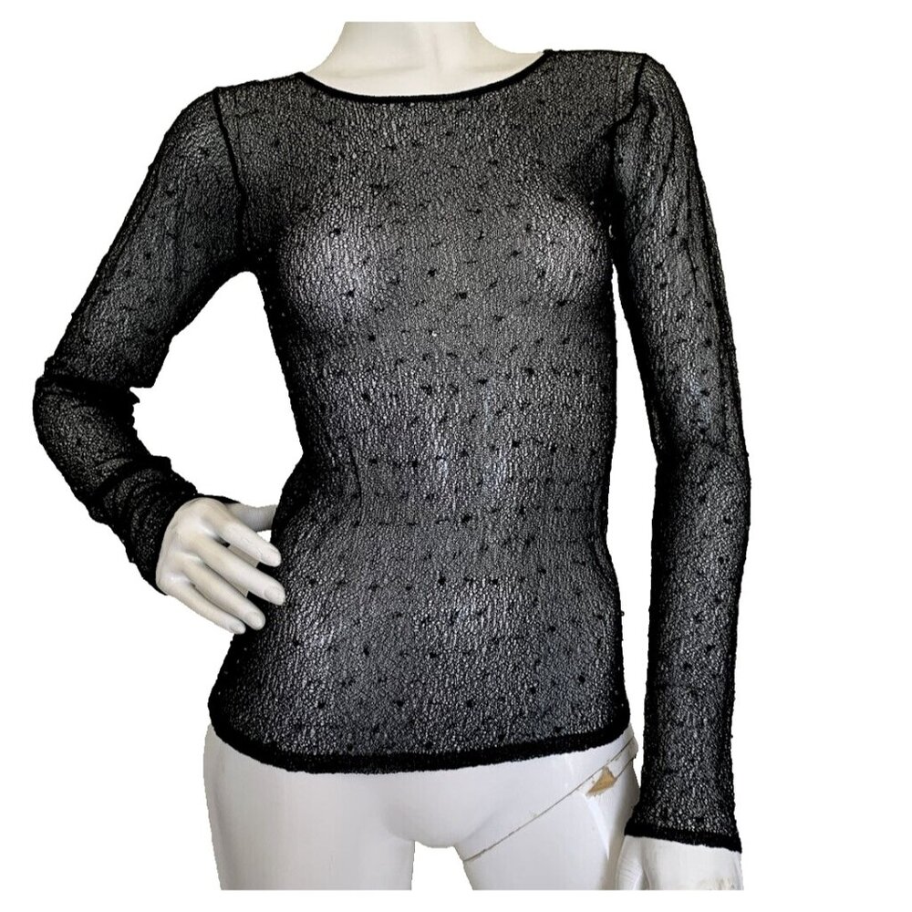Vintage 90s Mesh Top Black Sequin Beaded Sheer Goth Whimsigoth Size S Small